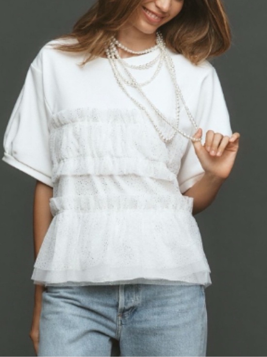 Anthropologie Tops - Anthropologie Maeve Short-Sleeve Smocked
Ruffled Sweatshirt M